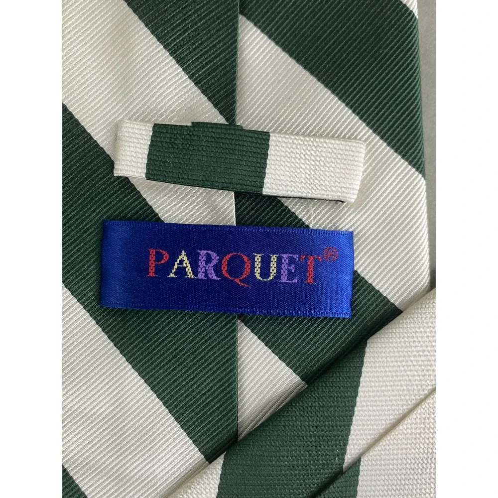 VTG Parquet Mens Silk Tie Forest Hunter Green Off White Repp Stripe Prep 58x4